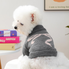 宠物衣服秋冬新款小型犬幼犬快乐狗猫保暖舒适韩系蝴蝶结毛衣灰色