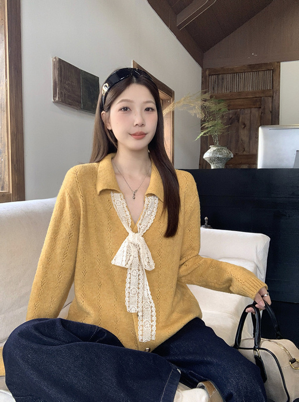 2025年秋装新款胖mm大码女温柔风v领系带蝴蝶结针织气质显瘦上衣|undefined
