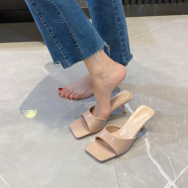 Women's Stiletto Solid Color Sandals Summer New Retro Square Toe High Heels Women's Niche Design Slippers for Outer Wear