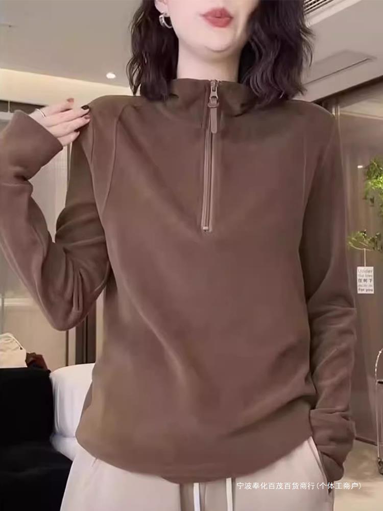 European half zipper velvet top women's 2023 new autumn and winter feeling velvet padded base shirt with sweater