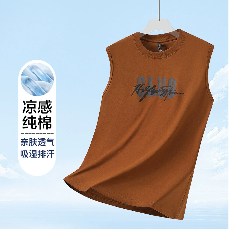 Летняя мужская модная брендовая футболка без рукавов с круглым вырезом и принтом, трансграничный спортивный жилет для занятий спортом на открытом воздухе, который можно открывать дважды
