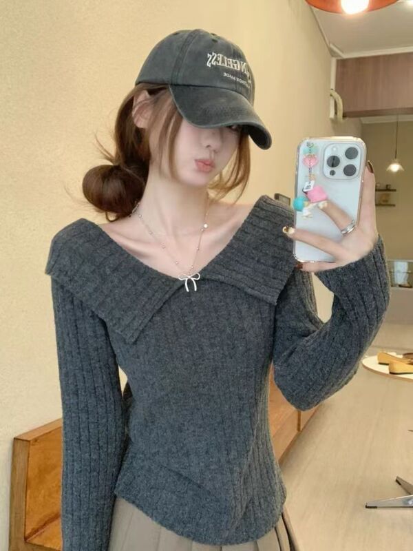 复古减龄翻领红色针织衫女秋冬新款设计感打底衫修身长袖百搭上衣|undefined