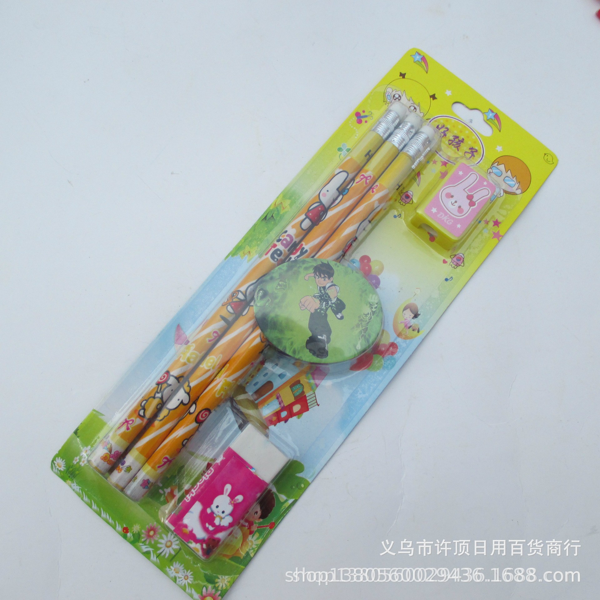 Venta al por mayor binario 4 lápices + borrador sacapuntas combinación traje suministros de juguete para niños