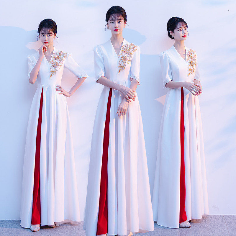 Chorus Costumes, Performance Costumes, Women's Long Skirts, New Adult Choir Stage Costumes, White Competition Performance Evening Dresses