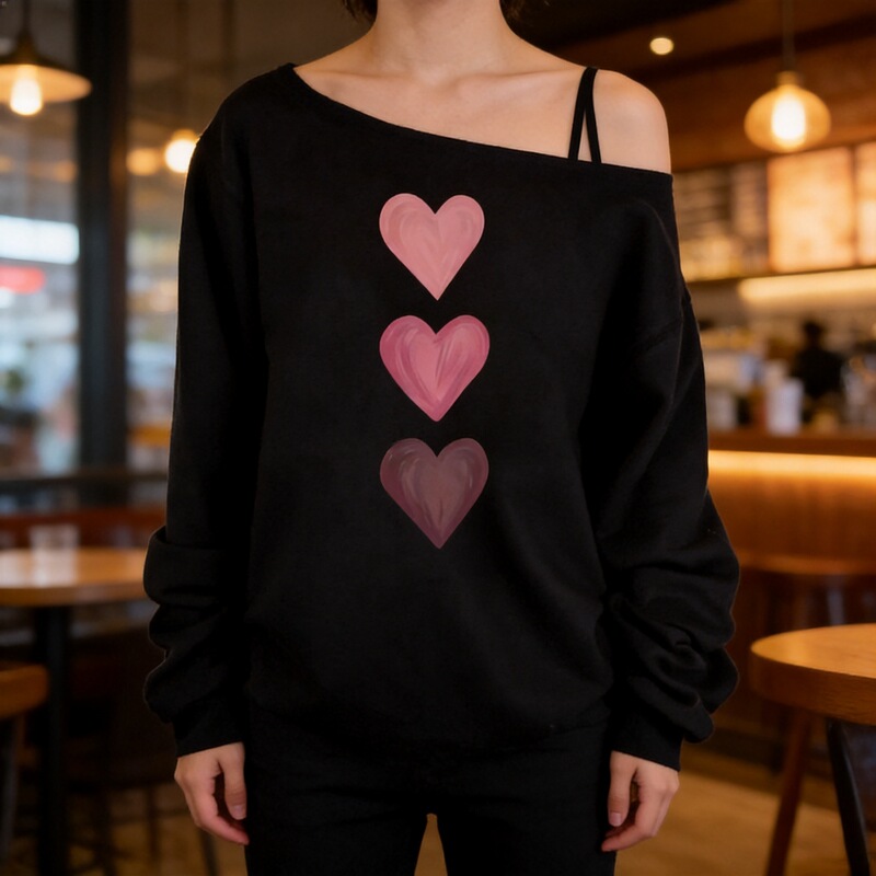 2026 New Foreign Trade Women's Clothing Printed Off-Shoulder Long-Sleeve Top with Heart Holiday Elements, Fashionable and Versatile for Spring, Autumn, and Winter
