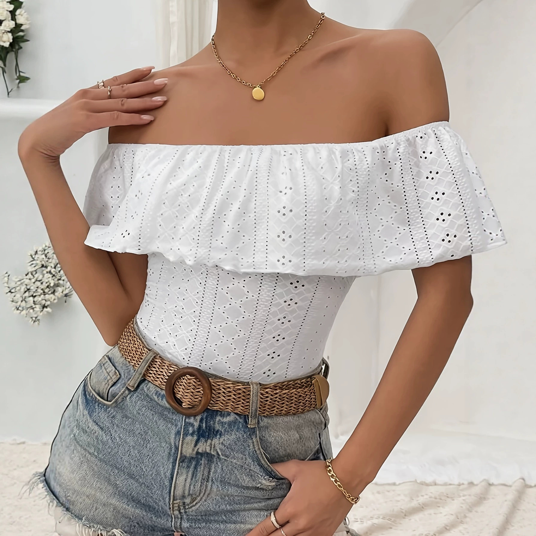 Sexy off the Shoulder Bodysuit for Women Hollowed out Jacquard Ruffle Details Bestseller Women's Jumpsuits And Rompers_ecoleips.com