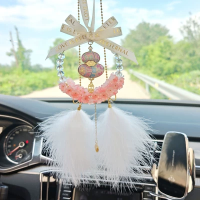 accessory: Car hanging - pink-crystal-lily-of-the-valley-pink-embroidered-gourd-pendant-feather