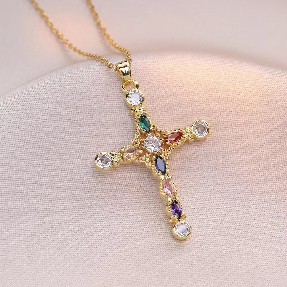 Wholesale Jewelry Shiny Cross Titanium Steel Zircon Inlay Pendant Necklace Cable Chain display picture 28