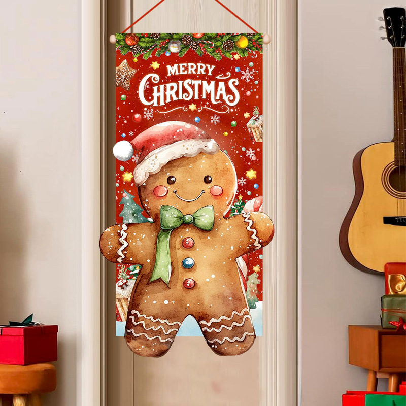クロスボーダージンジャーブレッドマンパターンドアクリスマスドアカーテンフラグ屋外撮影2025パーティー背景装飾吊り布|undefined