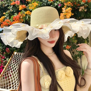 法式蕾丝花朵草帽女夏海边度假风大帽檐遮阳防晒帽大头围太阳帽子