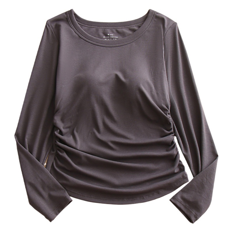 Women's long-sleeved T-shirt with chest pad autumn round neck slim-fit underwear bra-free one-piece undershirt top