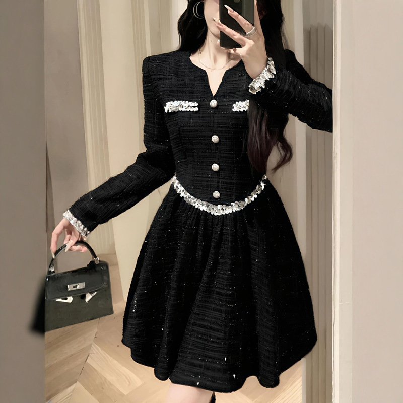 Chanel-Style Socialite Pure Desire Daughter-Like Outfit for Women, Spring and Autumn Long-Sleeve Dress with Unique Design, Little Black Dress