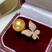 Натуральное пресноводное золотое жемчужное кольцо для женщин Edison Golden Pearl 18K инъекция золотых украшений Новый год сопоставим с Nanyang Golden Pearl
