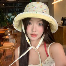 日系可爱甜美碎花双面渔夫帽女夏季大帽檐防晒遮阳帽子显脸小盆帽