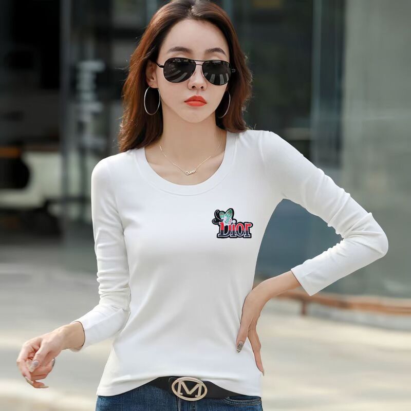 Autumn and Winter New Slim-fit Base Shirt Women's Ins Korean Style Pure Desire Style Embroidery Elegant Outer Wear Threaded Long-sleeved T-shirt