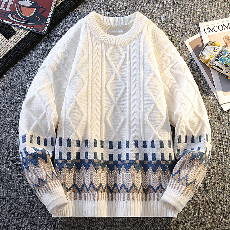 Herren-Langarm-Strickpullover, lässig, locker geschnitten, Rundhalsausschnitt, Polyester-Kaninchenwollmischung, Herbst-Winter-Mode mit Emblem-Design_voghion.com