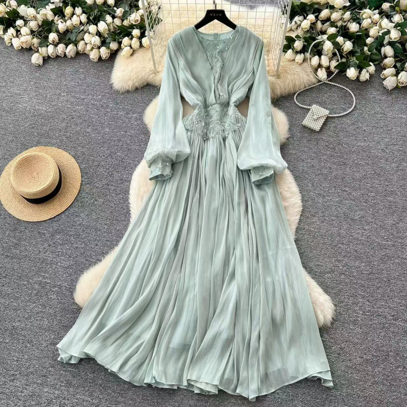 Elegant Socialite Style Shiny Lantern Sleeve Gown Dress for Women, Autumn High-End Beaded Sequin Waist-Cinching Long Dress