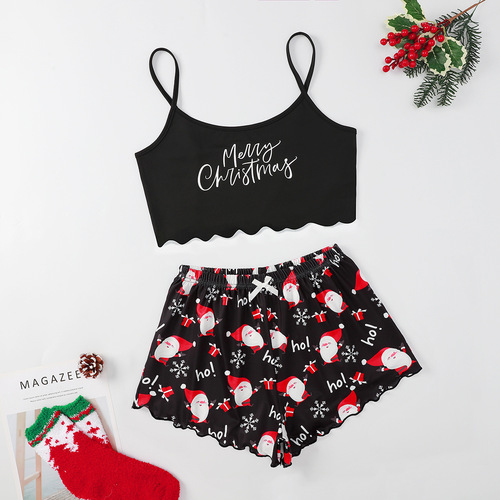 Christmas-style, European and American-style thin pajamas—simple, casual camisole and shorts set made of milk silk, two-piece loungewear.