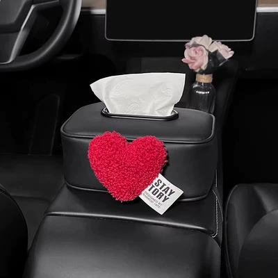 Creative Heart-Shaped Car Armrest Box Tissue Holder, In-Car Storage, 2025 New Model, High-End Car Dashboard Organizer (Car tissue box/set) - red-velvet-heart-tissue-box-armrest-box-style