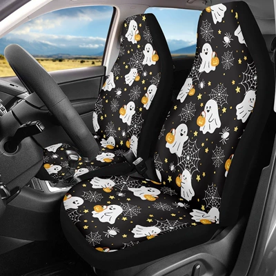 Cross-border Halloween-themed printed seat covers, featuring ghost and pumpkin designs, available for custom orders. Includes a set of two car seat protectors