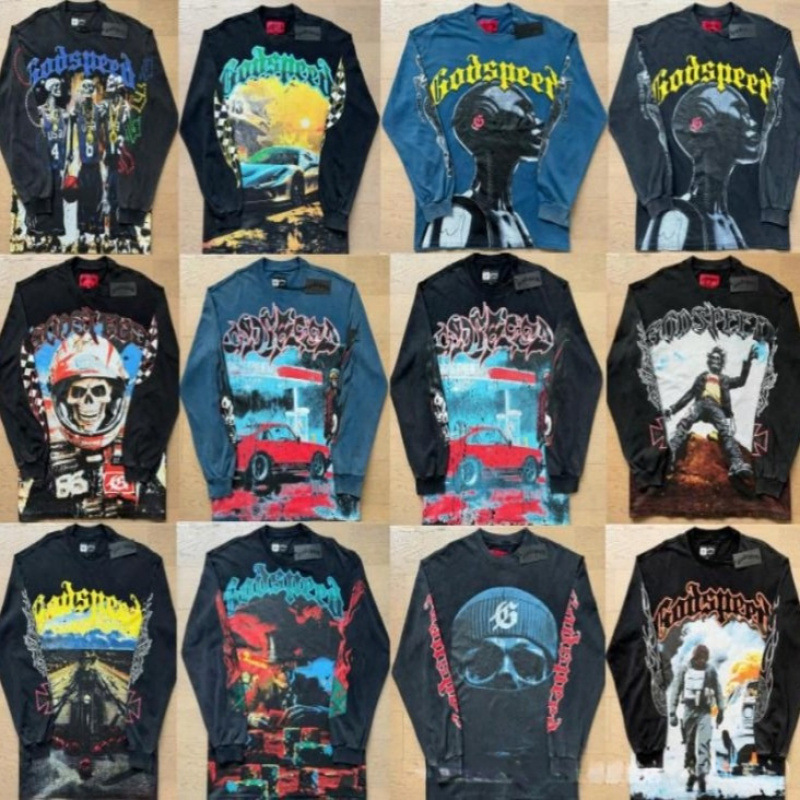 25Ss American Trendy Brand High Street Retro Washed Skull Print Loose Long T-Shirt Hoodie for Men and Women High Street