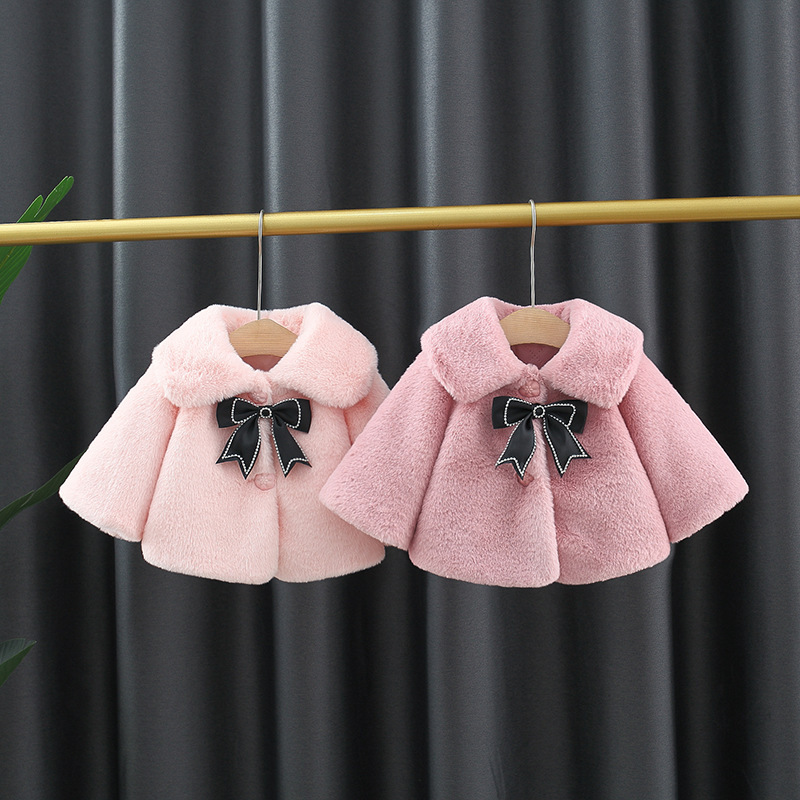 Autumn and winter new children's clothing solid color rabbit with black bow fur lapel, girls' shawl_voghion.com