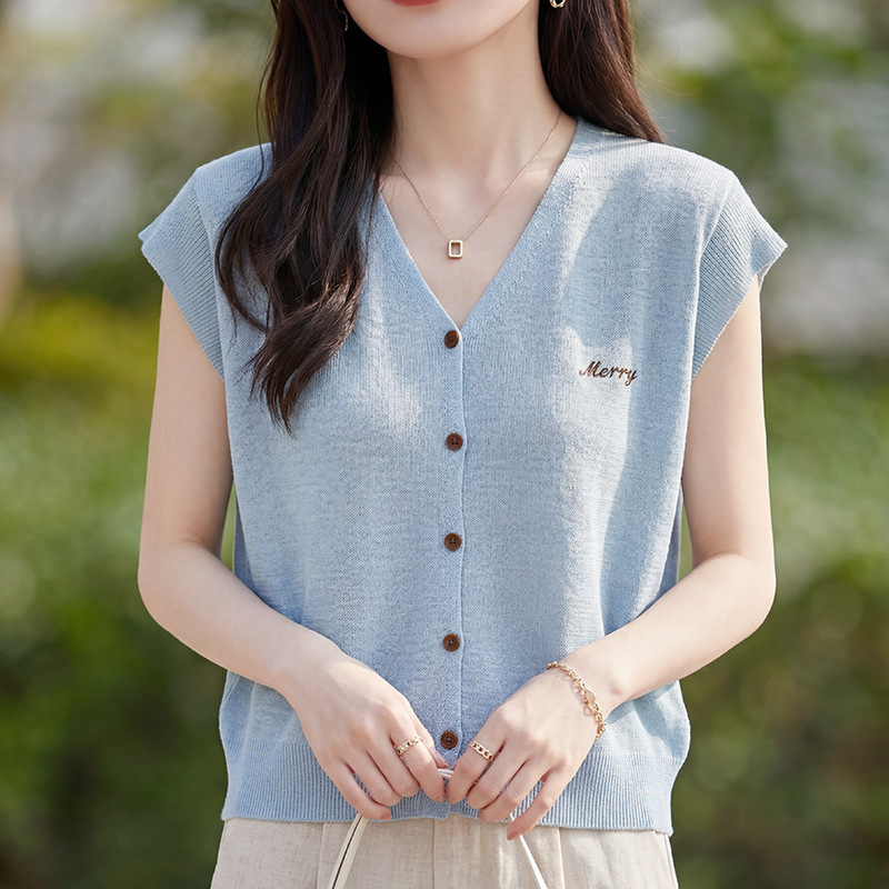 2026 Summer New Style V-Neck Short-Sleeved Knitted Cardigan Women's Loose Large Size T-Shirt Women's Clothing Thin Outer Top