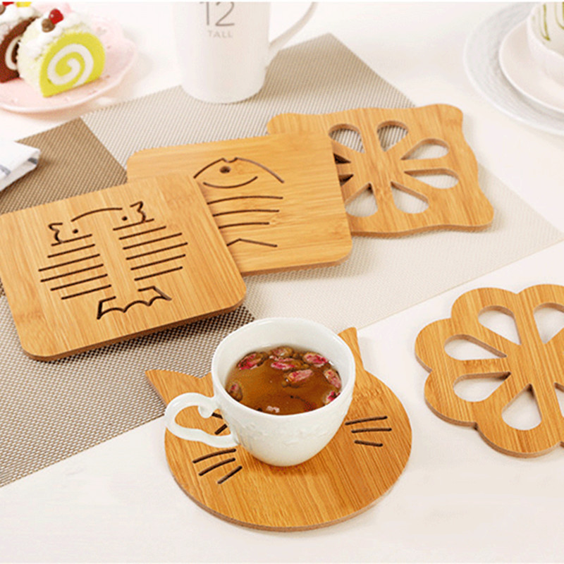 Creative Hollow Wooden Thickened Heat Insulation Mat Home Kitchen Cartoon Anti-Heat Anti-Slip Mat Dining Table Kitchenware Pot Bowl Mat