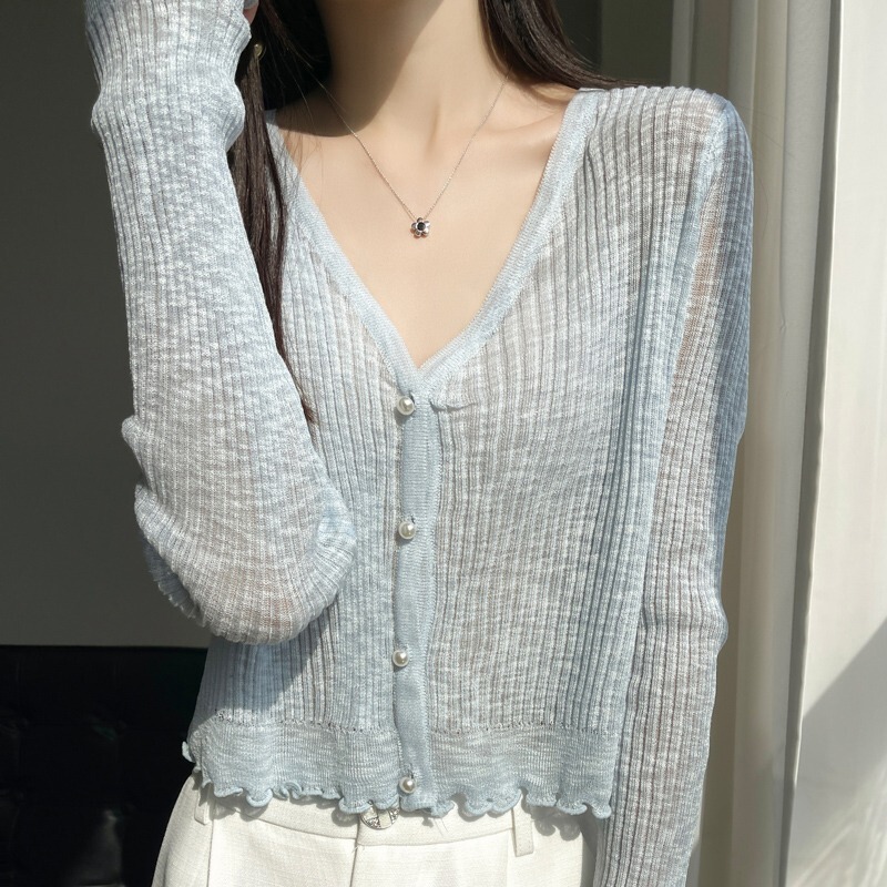 Cross-Border 2025 Summer New V Neck Air-Conditioned Shirt for Women, Loose Lazy Style Ice Silk Cardigan, Versatile Top for Women, Summer Outerwear