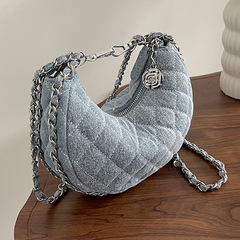 2024 New Denim Fabric Bag for Women Fashion Vachetta Stitch Chain Crossbody Bag with Crescent Design - Trendy and Versatile