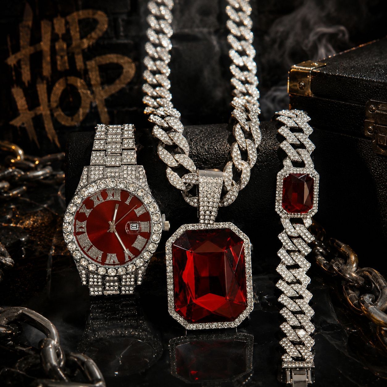 Ventas transfronterizas calientes colgante de aleación de esmeralda roja pulsera collar reloj 5 piezas conjunto de joyas de regalo de alto nivel para hombres