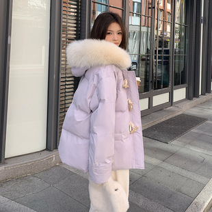 Horn Button down Jacket for Women Winter 2024 New Korean Style Loose Cotton Coat with Fur Collar Thickeneded Bread Cotton Jacket