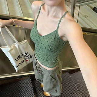 法式温柔绿色碎花无袖吊带背心女夏季设计感小众短款辣妹掐腰上衣