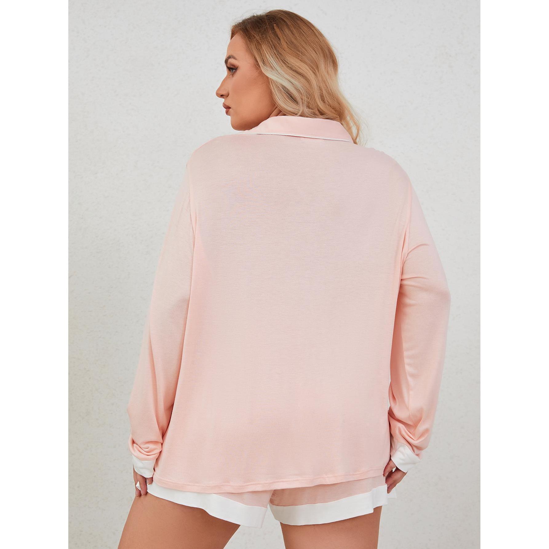 Large size sleepwear for women in spring and summer, Modal 200 pounds, fat mm, long sleeved short home suit set_voghion.com