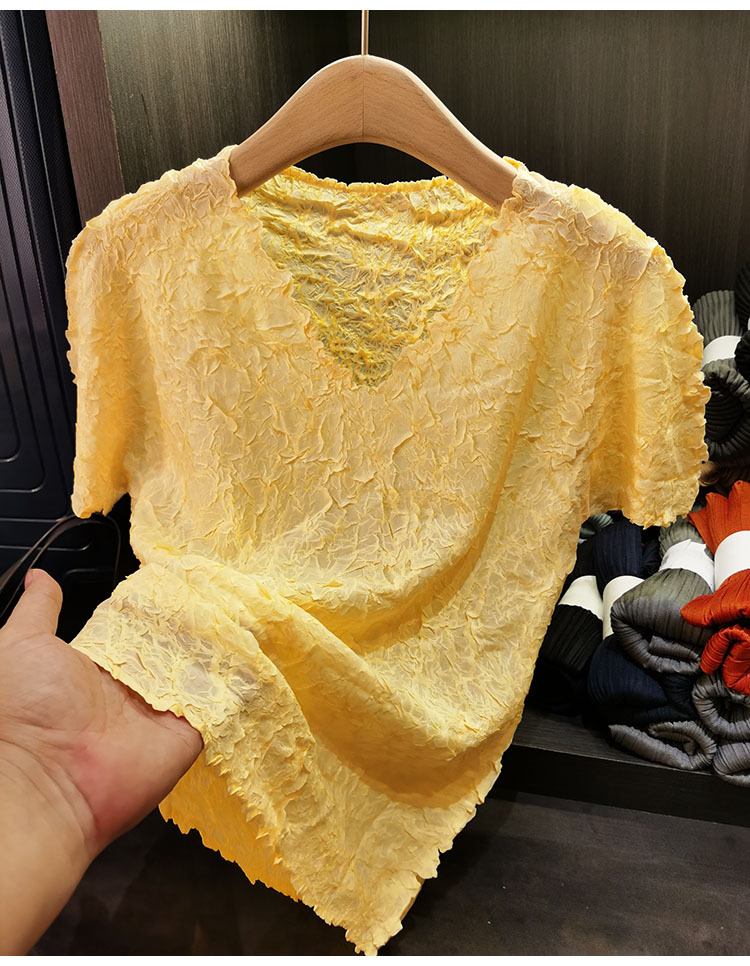 Áo phông cổ chữ V xếp ly tay ngắn nữ tính, dễ phối đồ — Màu đen, Màu tím nhạt, Màu xanh đậu, Màu tím chi tiết 10