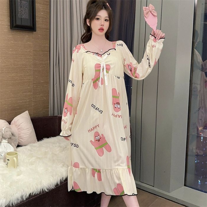 Venta al por mayor transfronteriza otoño nuevo estilo con almohadilla para el pecho imitación algodón camisón de manga larga pijama de estilo princesa de dibujos animados dulce servicio a domicilio femenino