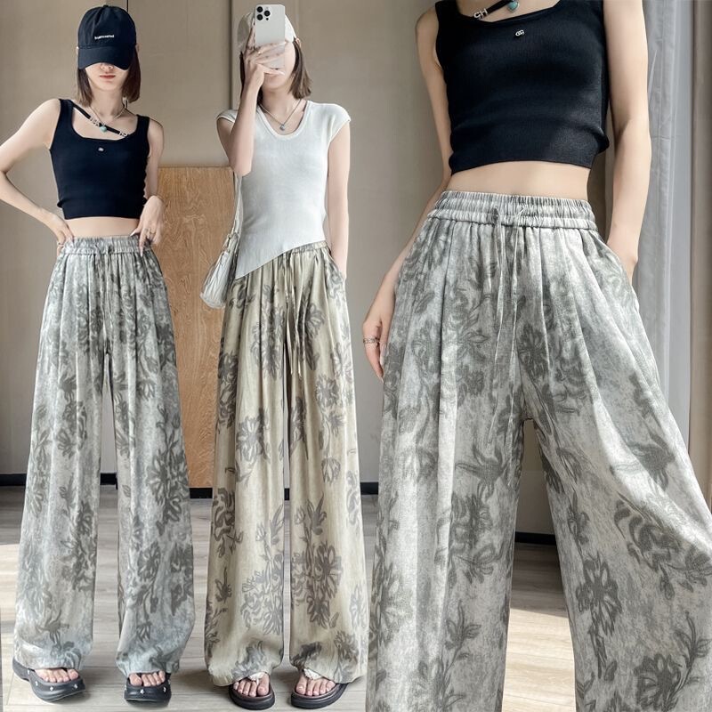 Vintage Printed Celadon Floral Cool Silk Wide-Leg Pants for Women, Summer Thin Loose Tie-Dye Pants, Plus-Size Straight Casual Pants