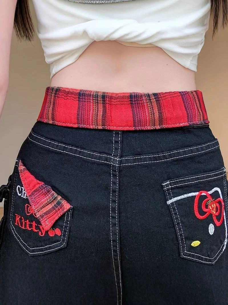 Hello Kitty, denim skirt, shorts, summer trousers, American style, with embroidery, hip-accented
