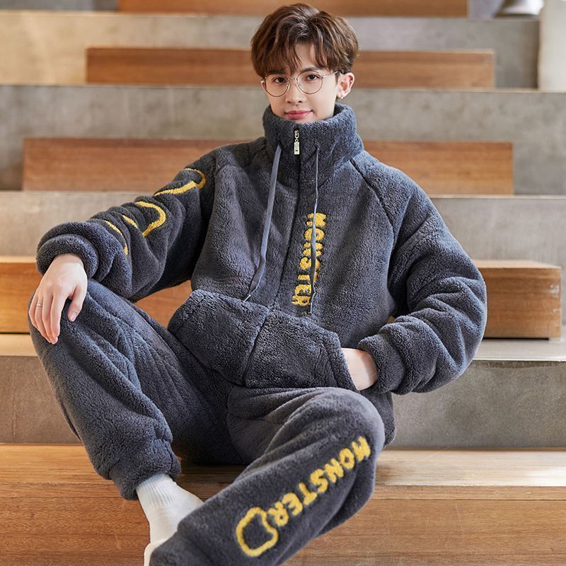 가을과 겨울 하늘 산호 양털 기모 두꺼운 남성 잠옷 홈 옷 플란넬 두건 따뜻한 청소년 세트