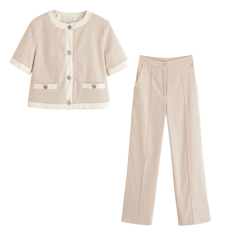 European and American Cross-Border Summer New Women's Linen Blended Round Neck Short-Sleeved Suit Jacket Casual Trousers Suit