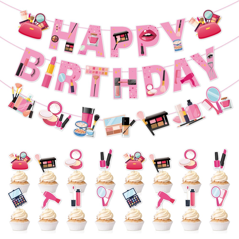 Nueva decoración de fiesta de cumpleaños maquillaje conjunto de temas de maquillaje decoración de fiesta de cumpleaños tarta de bandera
