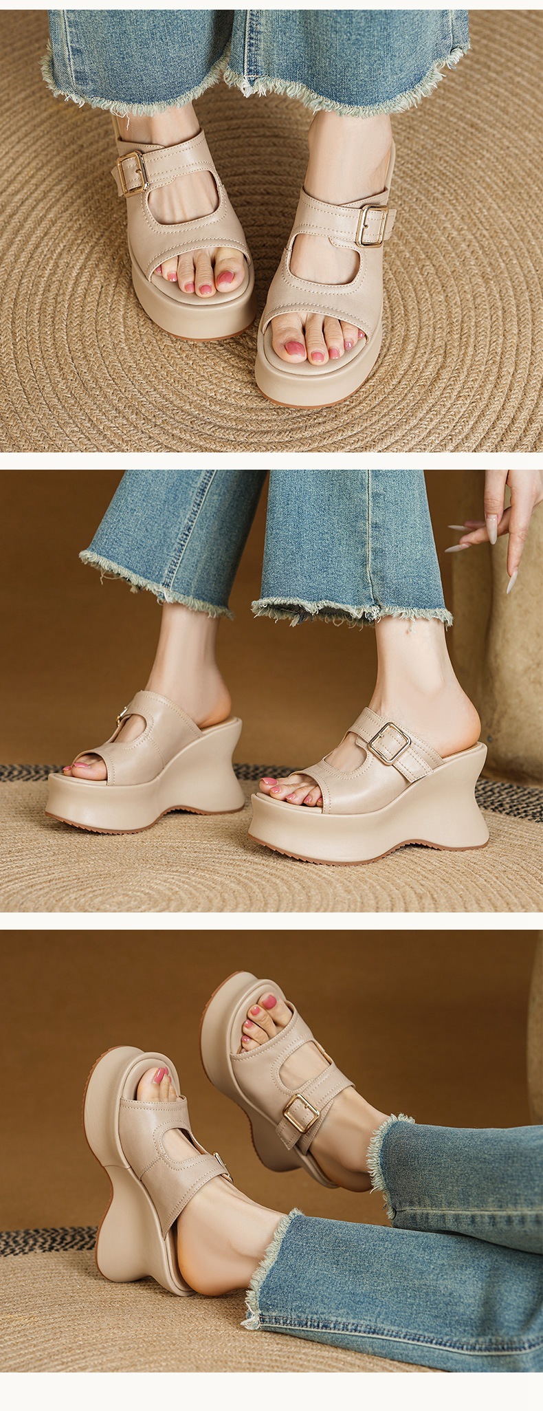 Sandal hở mũi nữ đế xuồng cao gót 9 cm quai ngang khóa móc da bò — màu nâu chi tiết 4
