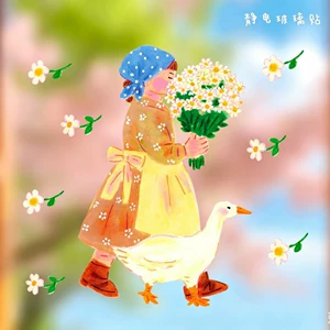 [ins春天静电贴窗花玻璃贴郁金香卡通插画贴纸店铺玻璃门橱窗装饰]