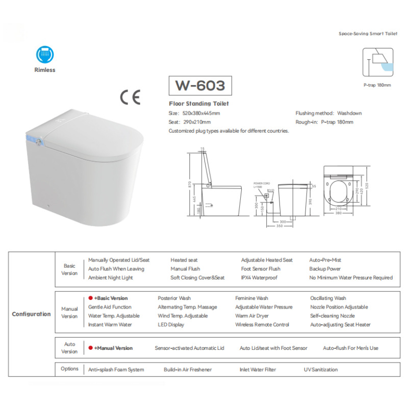 Hong Kong y Macao profesionales de 52cm con boquilla libre inodoro inteligente escudo de espuma de suelo completamente automático apagado tipo de empuje split