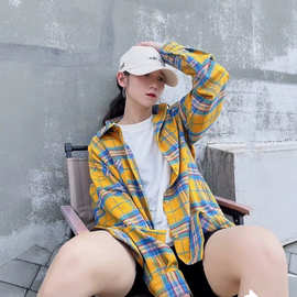 黄色格子衬衫女长袖薄款宽松ins潮牌美式复古小众防晒外套衬衣潮