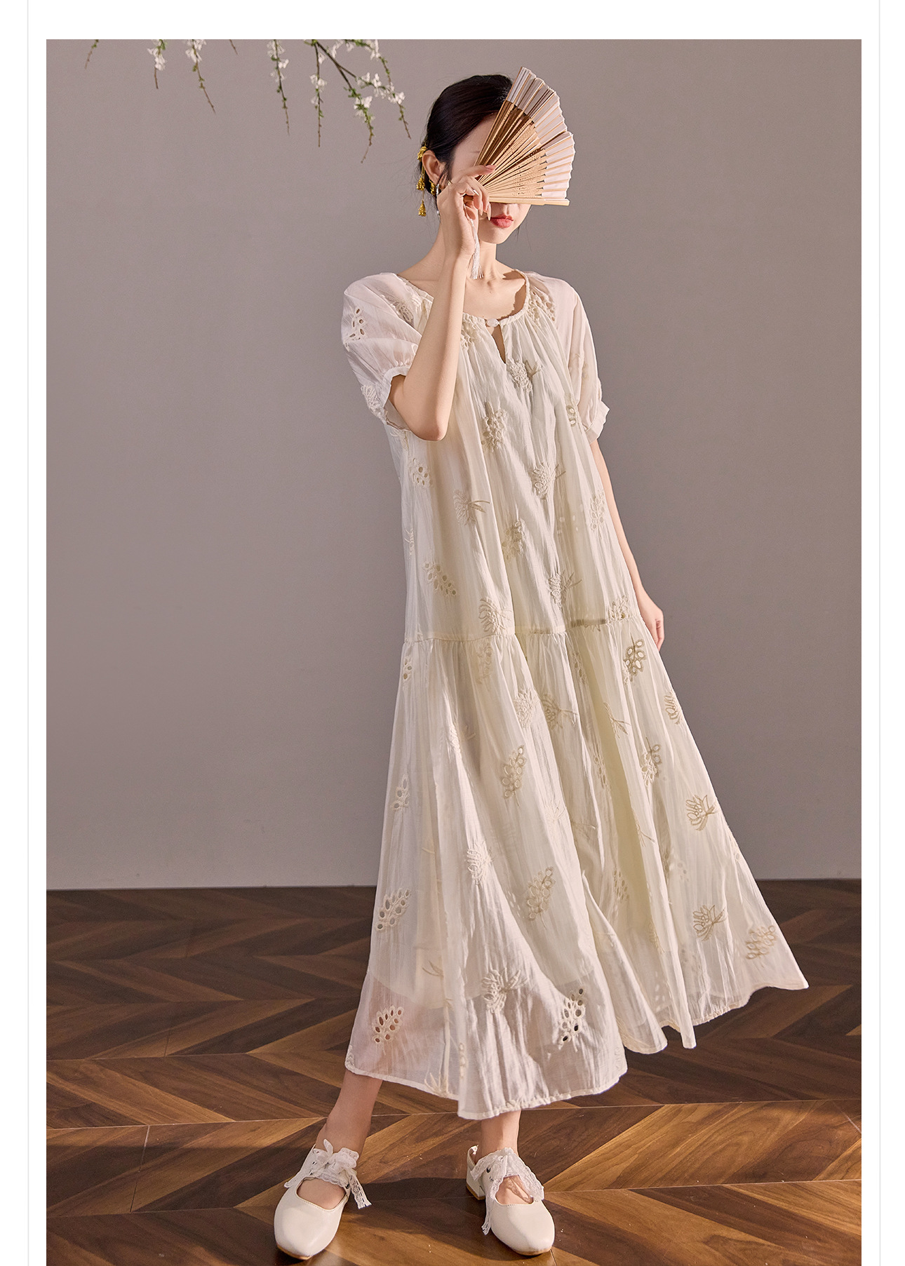 Váy maxi dáng rộng phong cách Trung Hoa mới cao cấp mùa hè chất Tencel cho người dáng nhỏ — Màu trắng nhạt chi tiết 13