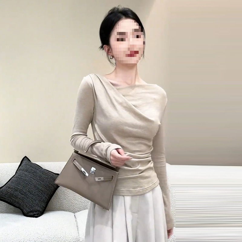 时尚气质套装女2025秋季新款感斜领露肩长袖T恤阔腿裤两件套|undefined