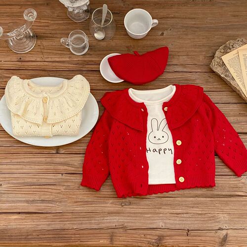  Autumn and Winter 0-3-year-old baby girl cotton knitted cardigan ruffle collar hollow long-sleeved sweater jacket