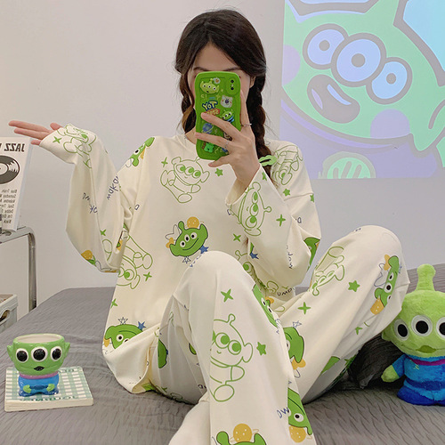 Cotton pyjamas for women, suitable for spring and autumn, long sleeves, long pants, cute cartoon style for girls, round neck, turtleneck, can be worn outside, home wear set