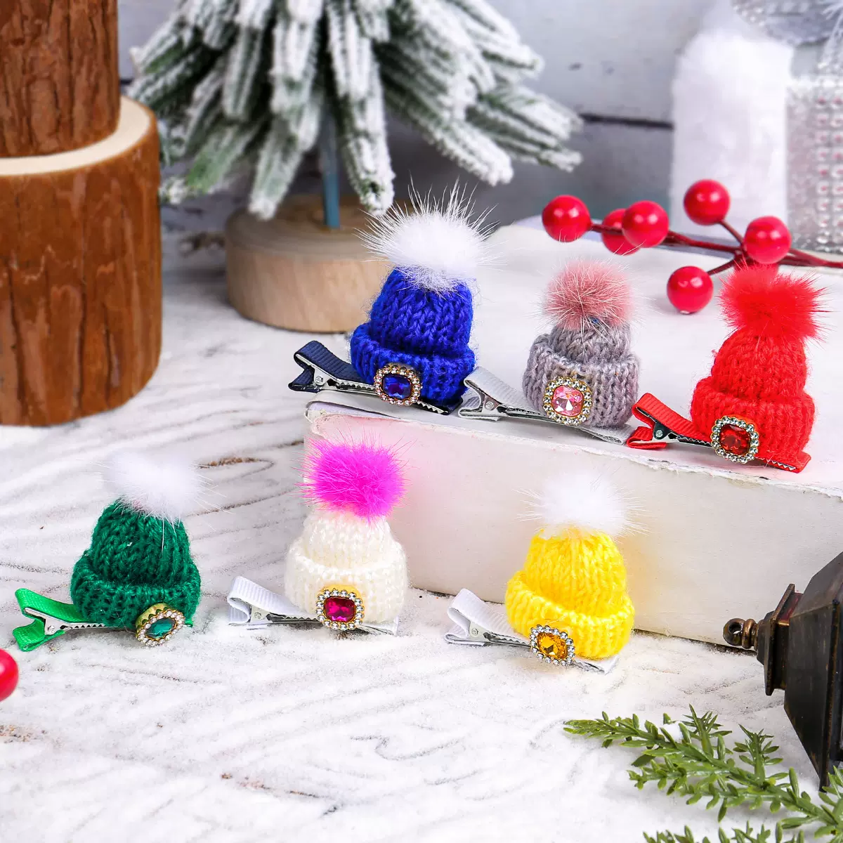 圣诞针织帽发夹 可爱儿童毛球小帽子边夹发卡节日装扮头饰品批发
